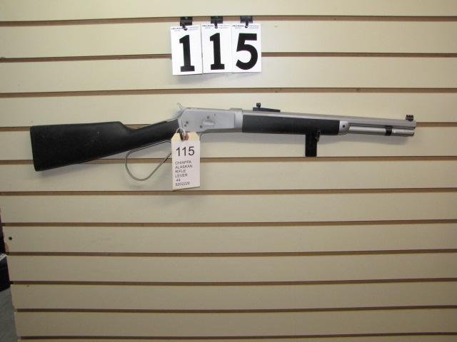 Chiappa Alaskan Lever Action Rifle in .44 Mag: Chiappa Alaskan Lever Action Rifle in .44 Mag 16" matte finish stainless steel barrel with black stock (stock has a very tacky feel to it) large loop with Skinner peep sights front is fiber optic.