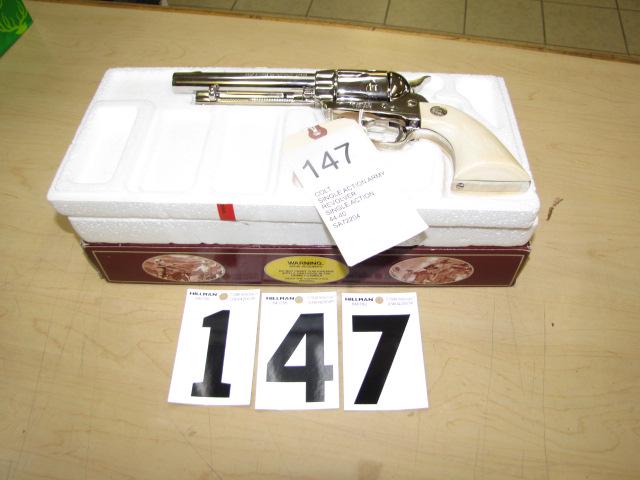 Colt SAA revolver in hard to find 44-40: Colt SAA revolver in hard to find 44-40. 5.5" barrel in polished nickle finish, blade front sight, pearl grips, cylinder indicates no burn rings around end of cylinder I would guess this to be an unfi