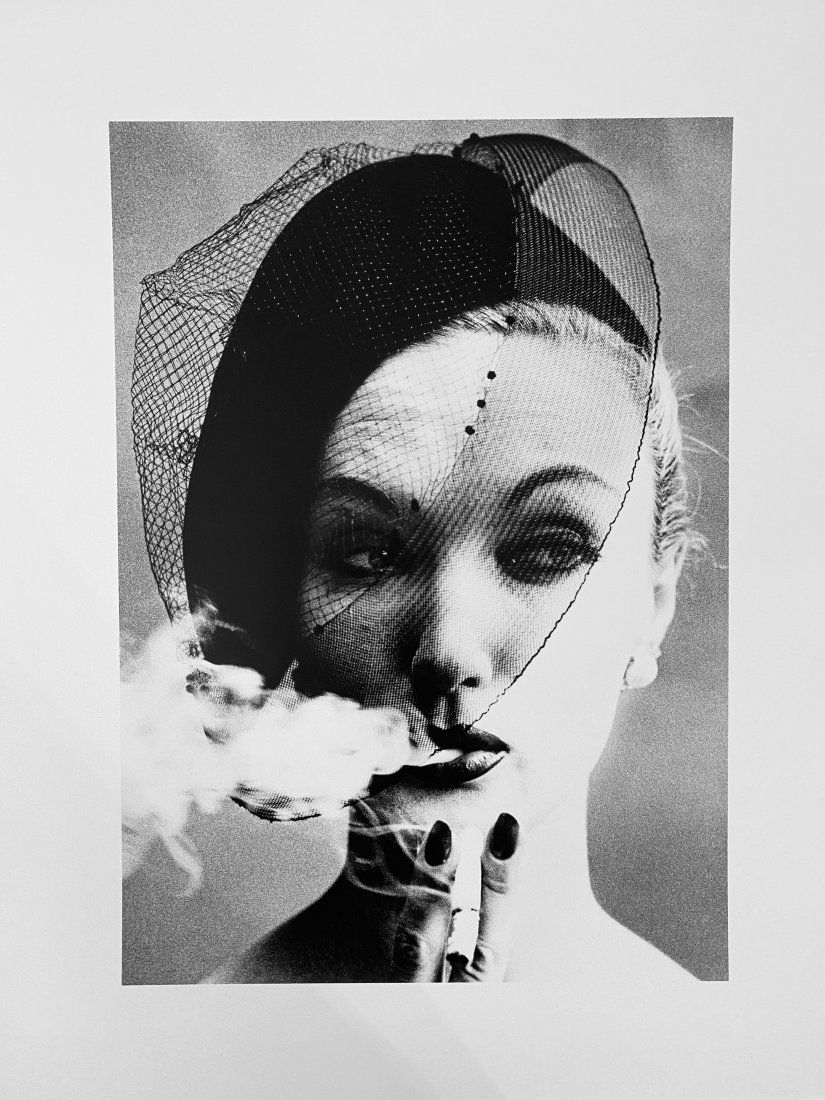 WILLIAM KLEIN, "SMOKE+VEIL (VOGUE, PARIS)": "Smoke+Veil (Vogue, Paris)". Gelatin silver print. Year 1958 - printed later. Image: 47.6 x 34.2 cm. Sheet: 60 x 50 cm. Signed, titled and dated on the reverse. Provenance: Private collection, Rome, I
