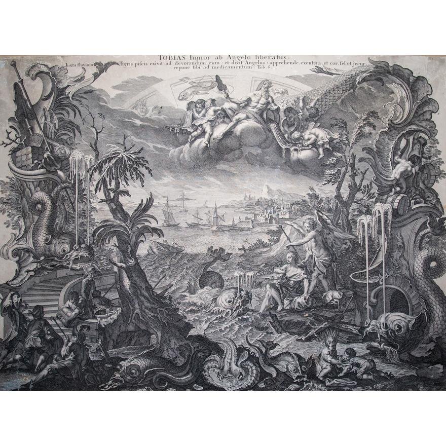 FLEMISH SCHOOL, LATE 17TH/EARLY 18 CENTURY: "Tobias Iunior ab Angelo Liberatus. Iuxta fluvium Tigris pifcis exivit ad devorandum eum; et dixit Angelu; apprehende, exentera, et cor, fel et jecur repone tibi ad medicamenum. Tob. 6; copper engravi