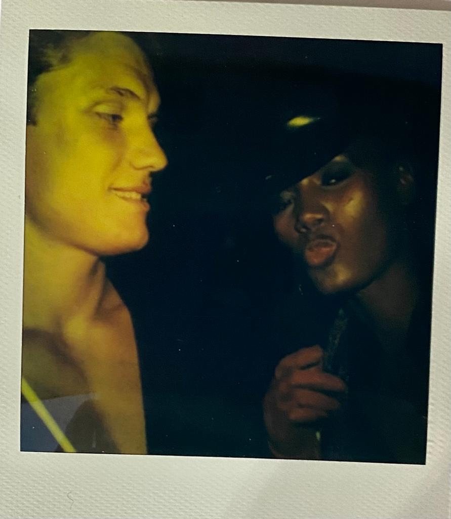 ANDY WARHOL, "GRACE JONES AND DOLPH LUNDGREN": "Grace Jones and Dolph Lundgren". Year 1980. Unique polaroid polarcolor type 108 print. 'Aw authorised by the Andy Warhol Foundation for the visual arts' and 'the Estate of Andy Warhol' stamps on the