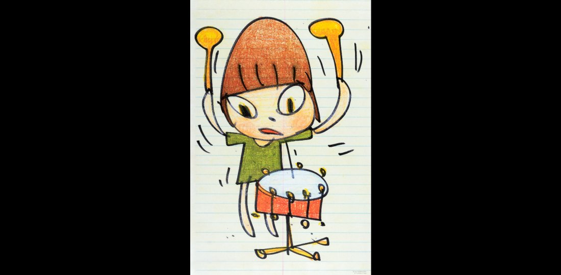 YOSHITOMO NARA: "Banging the Drum". Year 2020. Offset lithograph in colors on paper. Size 27 x 17 inches (68.6 x 43.2 cm) (sheet). Published by the Dallas Contemporary, Texas with their ink stamp and the artist's cop