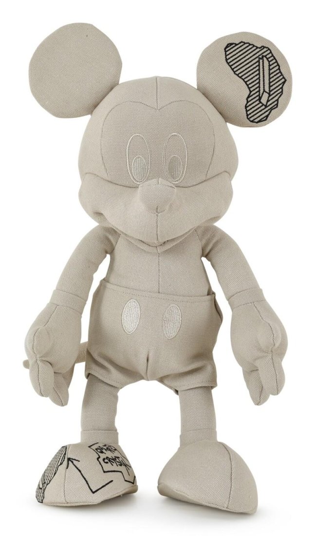 DANIEL ARSHAM: "Mickey Mouse Plush". Year 2019. Embroidered with the artist's studio symbol on the underside heavyweight canvas plush. Work: 47 x 25 x 19 cm. (18 1/2 x 9 7/8 x 7 1/2 in.) Box: 53 x 25 x 25 cm. (20 7/
