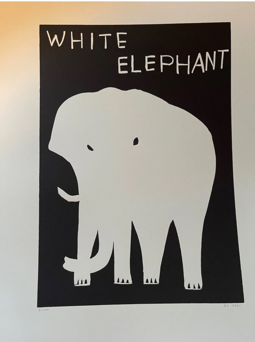 David Shrigley, "White Elephant": David Shrigley"White Elephant". Year 2021. Linocut print on 300g Somerset paper. Signed, dated, and numbered 51/100. Published by Schaefer Grafik. Size 57 x 44cm. The artwork is accompanied by a certi