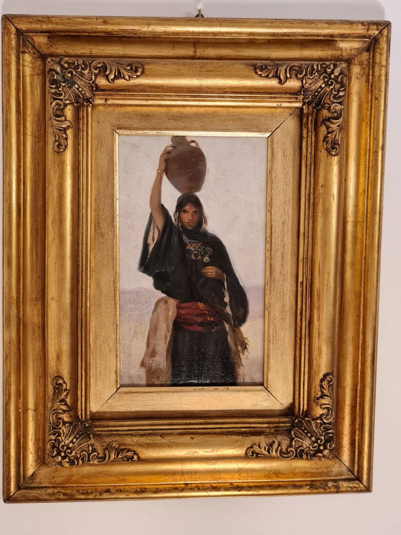 Attributed to Alberto Pasini, "Donna con vaso (Woman with vase)": Attributed to Alberto Pasini"Donna con vaso (Woman with vase)". Oil on board. Size 20x13; 42.5x34 cm (with frame). Signed lower left. Frames. Provenance: Private Collection, Italy.The artwork is locat