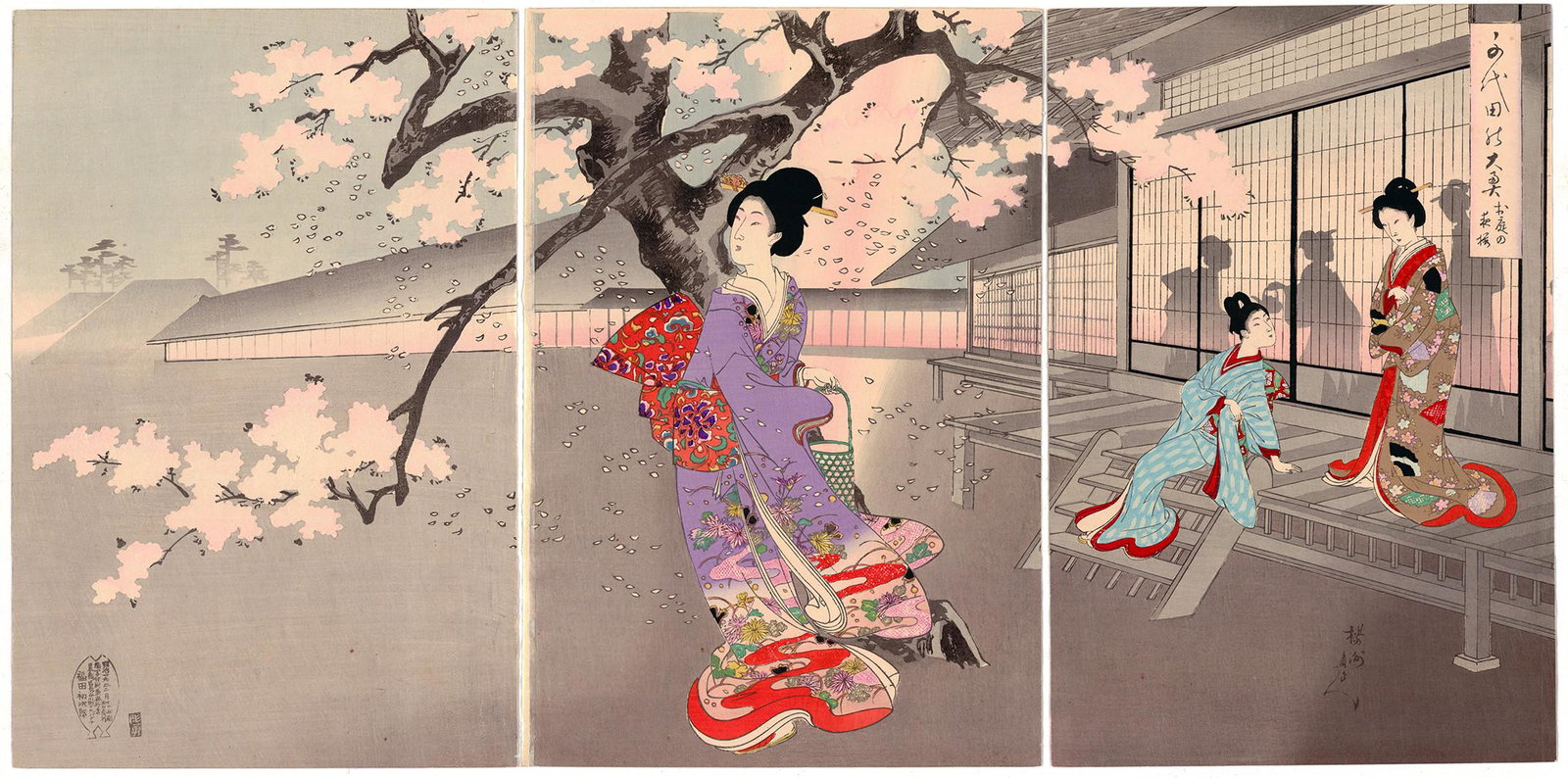 Chikanobu Yoshu, Beauty, Cherry Blossoms View, Meiji: Beauties and Night Blossoms from the series 'The Inner Palace of Chiyoda'. Original Japanese Woodblock Print. Publisher: Fukuda Hatsujiro Date: 1894-1897 Size: (L) 23.5 x 35.2 (C) 24.2 x 35.2 (R) 23.5