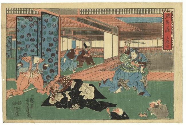Yoshitora Utagawa, Kabuki, Chushingura, Act 3,: Artist: Yoshitora Utagawa (act.1850-1880). Title: Chushingura - Act 3. Publisher: Izumiya Ichibei. Date: c.1847-1848. Original Japanese Woodblock Print. Size: 22.2 x 33.5 cm. JG0119B03-3