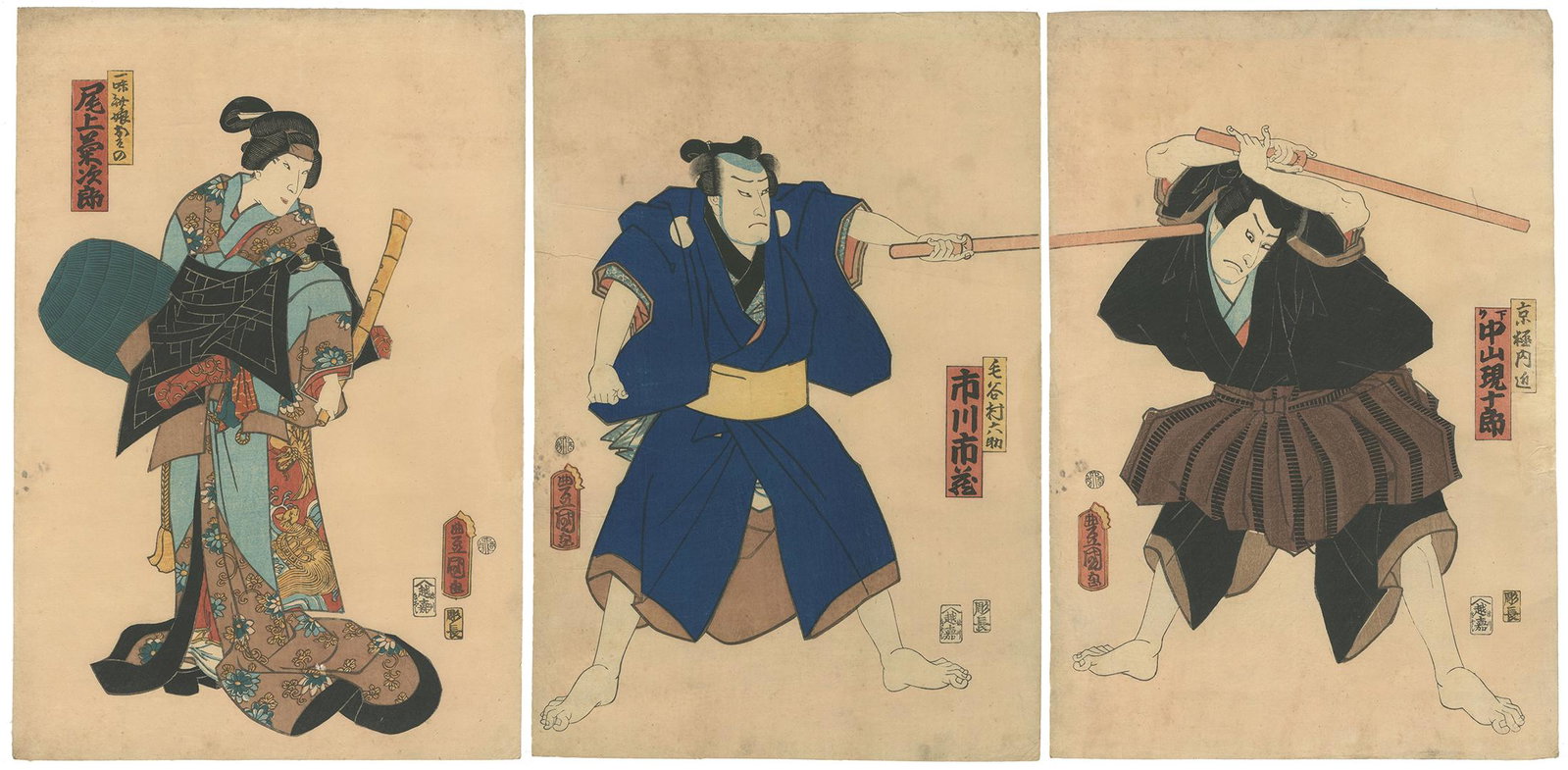 Toyokuni III Utagawa, Kabuki, Keyamura, Triptych, Edo: Artist: Toyokuni III Utagawa (1786-1865). Title: Kabuki play, Keyamura. Publisher: Koshimuraya Heisuke. Date: 1861. Original Japanese Woodblock Prints. Size: (R) 25.9 x 38.1 (C) 25.8 x 38.1 (L) 25.7 x