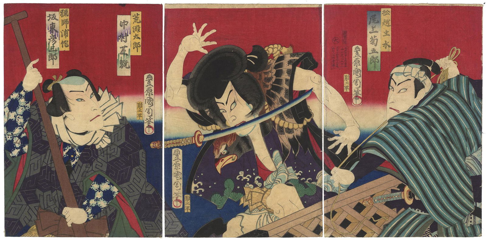 Kunichika Toyohara, Kabuki Actors, Theatre Scene,: Artist: Kunichika Toyohara (1835-1900) Title: Kabuki actors, Bando Hikosaburo, Nakamura Shikan and Onoe Kikugoro Publisher: Yamamura Kinzaburo Date: late 19th century. Original Japanese Woodblock Prin