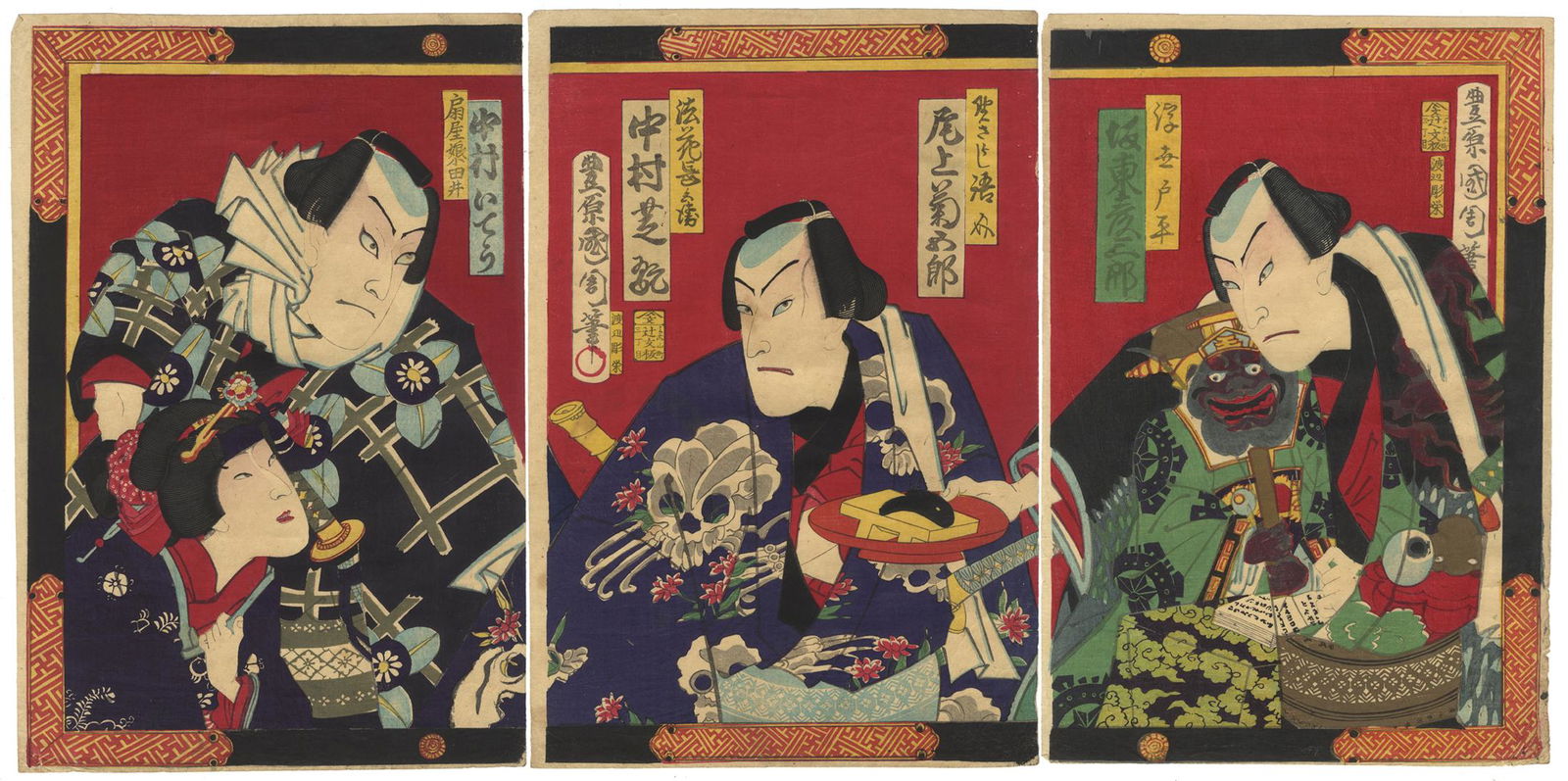 Kunichika Toyohara, Kabuki Actors, Theatre Scene,: Artist: Kunichika Toyohara (1835-1900) Title: Mureiru Tazu Yayoi no Sogagiku Publisher: Tsujiokaya Bunsuke Date: 1874. Original Japanese Woodblock Print. Size: (R) 36.7 x 25.1 (C) 37.1 x 25.0 (L) 37.2