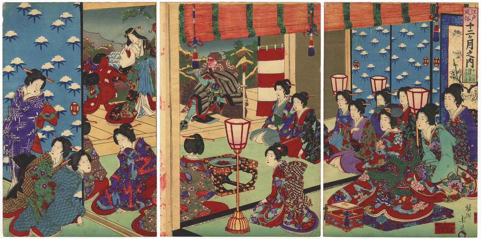 Chikanobu Yoshu, Beauty, End of Year, Japanese: Artist: Chikanobu Yoshu (1838-1912)Title: December - The lords' wives gathered together to forget the hardships of the yearSeries: Customs of Edo Twelve Months a YearPublisher: Yokoyama RyohachiDate: 
