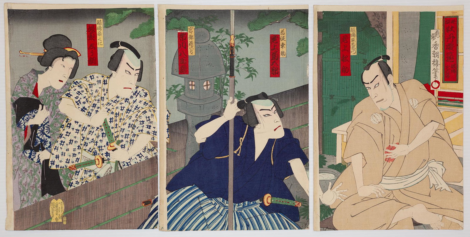 Kochoro, Kabuki Actors, Theatre, Japanese Woodblock: Artist: Kochoro (1848-1920) Title: Scene of the Ferry Kabuki Play: Kaidan Botan Toro???????? ??????? Publisher: Fukuda Kumajiro Date: 1892 Size: (L)37.5 x 24.8 (C)37.3 x 24.9 (R)37.2 x 24.9 cm Ref: