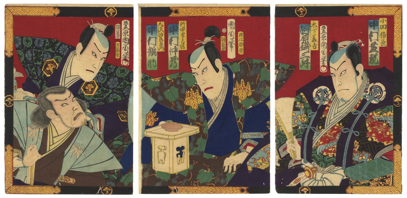 Kunichika, Meiji, Kabuki Play, Japanese Woodblock Print: Artist: Kunichika Toyohara (1835-1900) Title: Kabuki play, Kiro Yamanishiki Kinoshita Publisher: Tsujiokaya Kamekichi Date: 1873 Size: (R) 23.9 x 35.1, (C) 24.8 x 35.5, (L) 24.1 x 35.6 cm Ref: JG11191