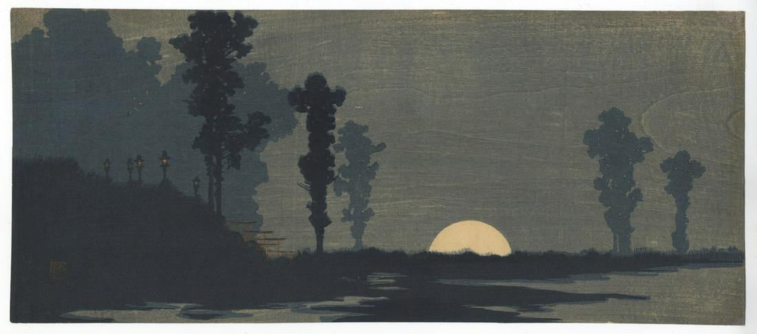 Moonlit Night, Landscape, Japanese Woodblock Print (1 of 2)