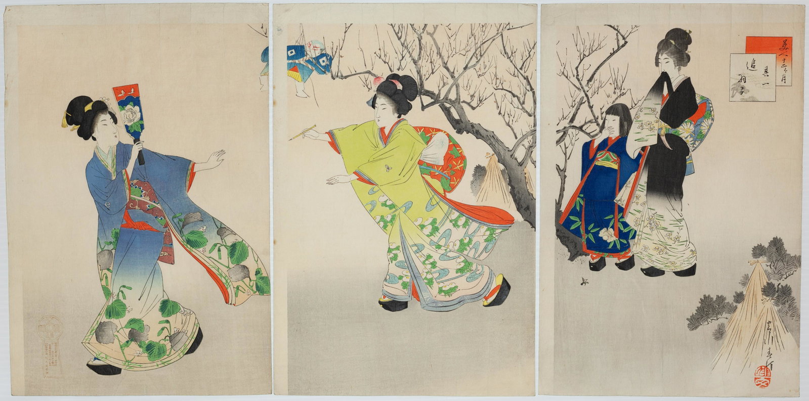 Shuntei, Shuttlecock, Japanese Woodblock Print: Artist: Shuntei Miyagawa (1873-1914) Title: 1. Chasing a Shuttlecock Series: Twelve Months of Beauties Publisher: Matsuki Heikichi Date: 1898 Size: (L) 37.4 x 25 (C) 37.5 x 25 (R)37.4 x 25 cm Ref: