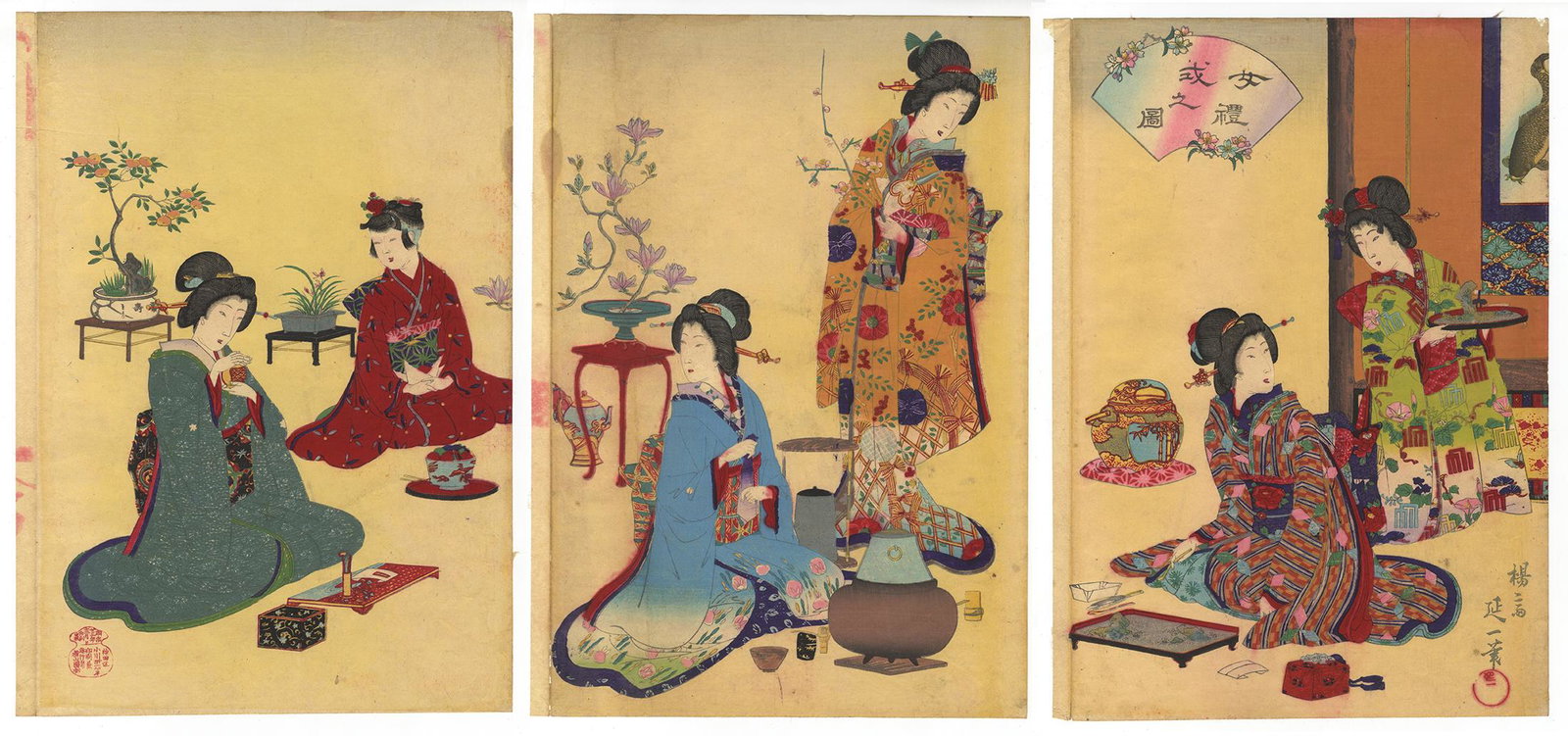 Nobukazu, Flower Arrangement, Japanese Woodblock Print: Artist: Nobukazu Yosai (1872-1944) Title: Flower Arrangement, Etiquette of a Lady Publisher: Yokoyama Ensho Date: 1890 Size: (L) 34.9 x 24.8, (C) 34.9 x 24.8, (R) 34.9 x 24.7 cm Ref: JG091860-8