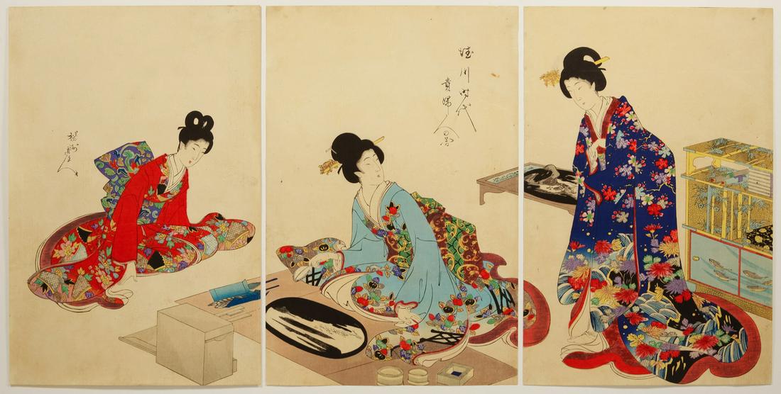 Chikanobu, Lacquering, Japanese Woodblock Print: Artist: Chikanobu Yoshu (1838-1912) Title: Lacquering Series: High-Ranked Ladies of The Tokugawa Era Publisher: Hasegawa Tsunejiro Date: 1895 Size: (L) 35.7 x 23.7, (C) 35.7 x 23.8, (R) 35.6 x 23.7 cm