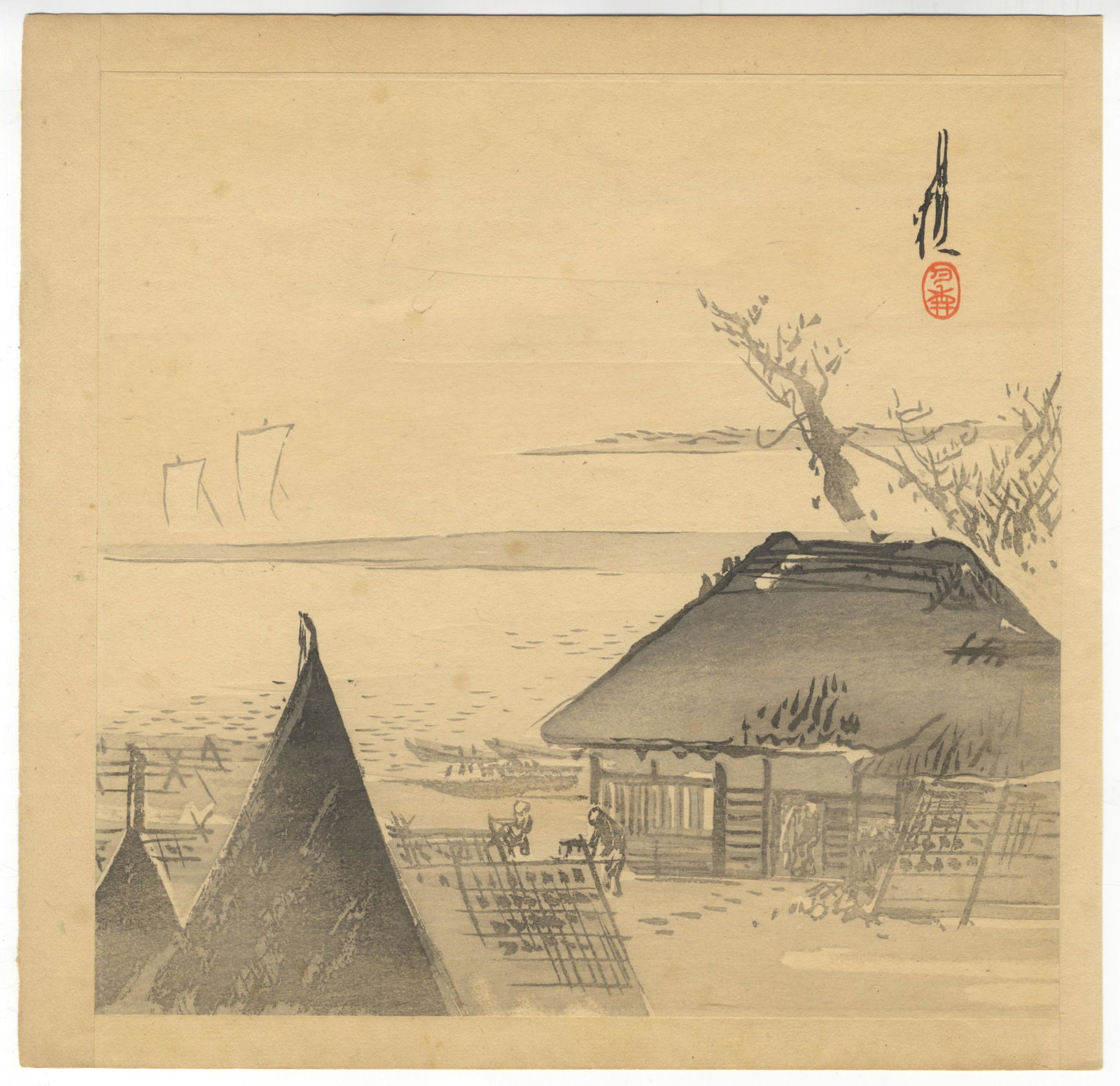 Gekko, Fishermen Village, Japanese Woodblock Print: Artist: Gekko Ogata (1859-1920) Title: A Scene of Fishermen Village Publisher: No seal Date: c.1890-1910 Size: 25.7 x 26.6 cm Ref: CMDE89