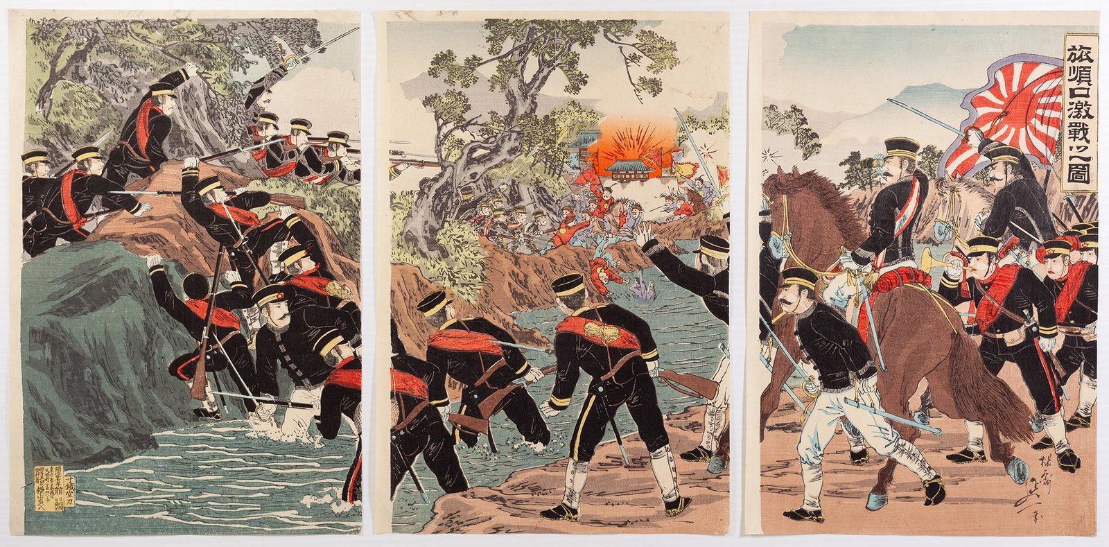 Beisaku, Occupation, Japanese Woodblock Print: Artist: Beisaku Taguchi (1864-1903) Title: The Occupation of Port Arthur Series title: The First Sino-Japanese War Publisher: Inoue Kichijiro Date: 1895 Size: (L)24.5 x 36.4 (C)24.7 x 36.4 (R)24.6 x 3