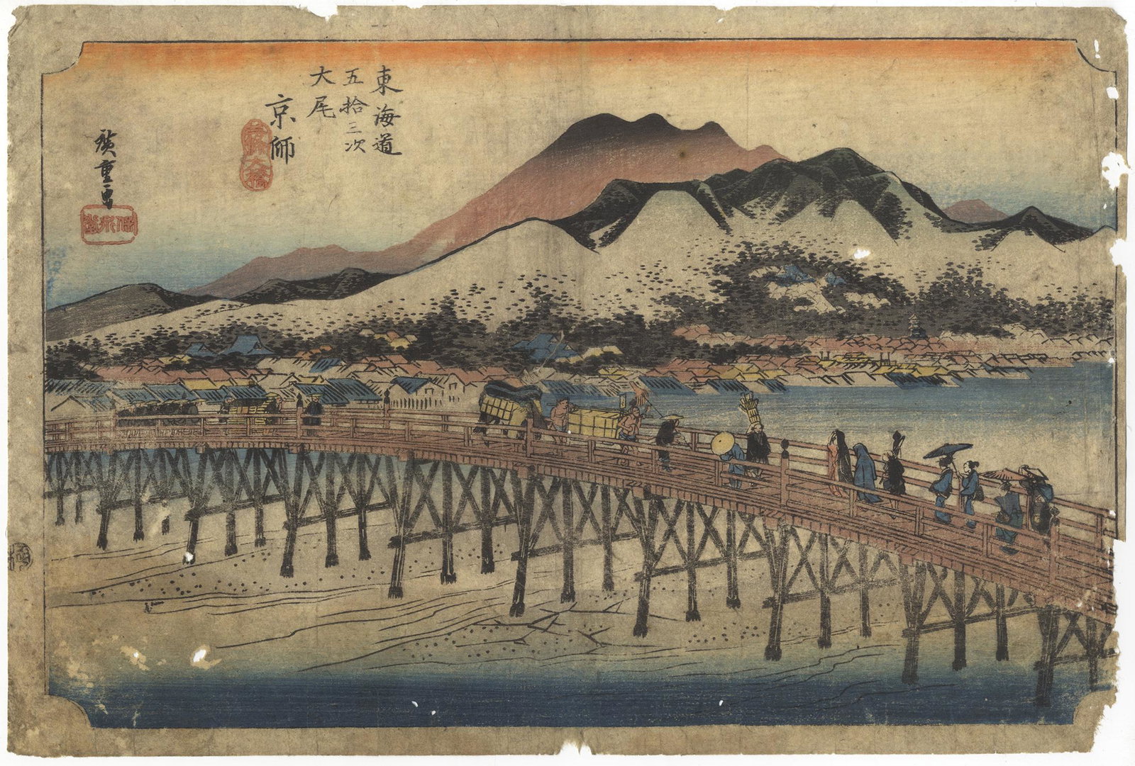 Hiroshige I, Tokaido, Japanese Woodblock Print: Artist: Hiroshige Ando (1797-1858) Title: Sanjo Ohashi at Keishi Series title: The Fifty-three Stations of the Tokaido Publisher: Hoeido Date: 1833-1834 Size: 36.3 x 24.6 cm Ref: HEB15