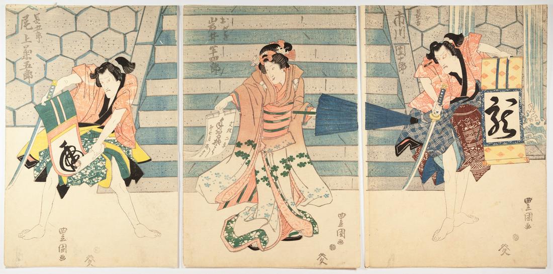 Toyokuni I, Kabuki Play, Original Japanese Woodblock Print: Artist: Toyokuni I Utagawa (1769âˆ’1825) Title: Kabuki Play "Futatsu Chouchou Kuruwa Nikki" Publisher: Yamamotoya Heikichi Date: 1819 Size: (L) 37.4 x 24.6, (C) 37.4 x 25.2, (R) 37.4 x 26.4 cm Ref