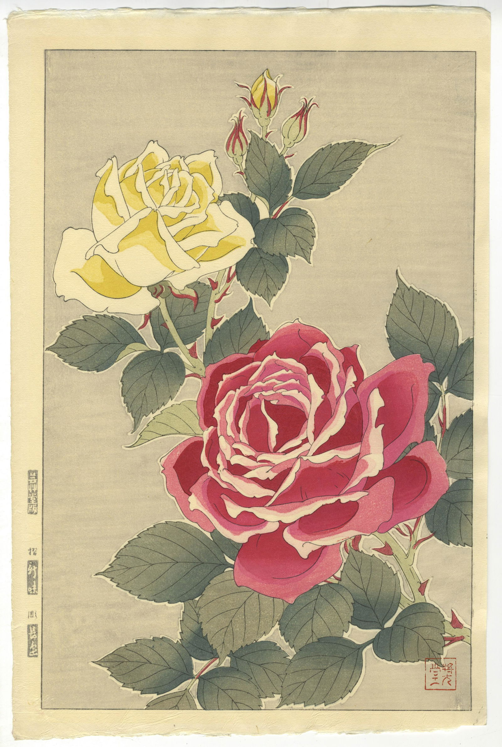 Shodo Kawarazaki, Rose, Original Japanese Woodblock Print (1 of 2)