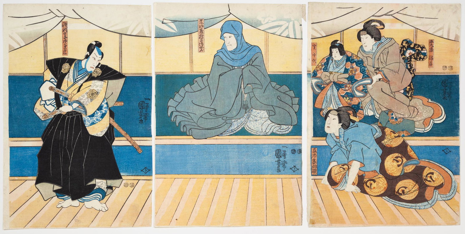 Kuniyoshi, Kabuki Play, Original Japanese Antique Woodblock Print: Artist: Kuniyoshi Utagawa (1798-1861) Title: Kabuki Play: Wada-kassen On'na Maizuru Publisher: Ebiya Rinnosuke Date: 1852 Size: (L) 24.7 x 37.6, (C) 25.5 x 37.9, (R) 25.8 x 38.0 cm Ref: CMJL70