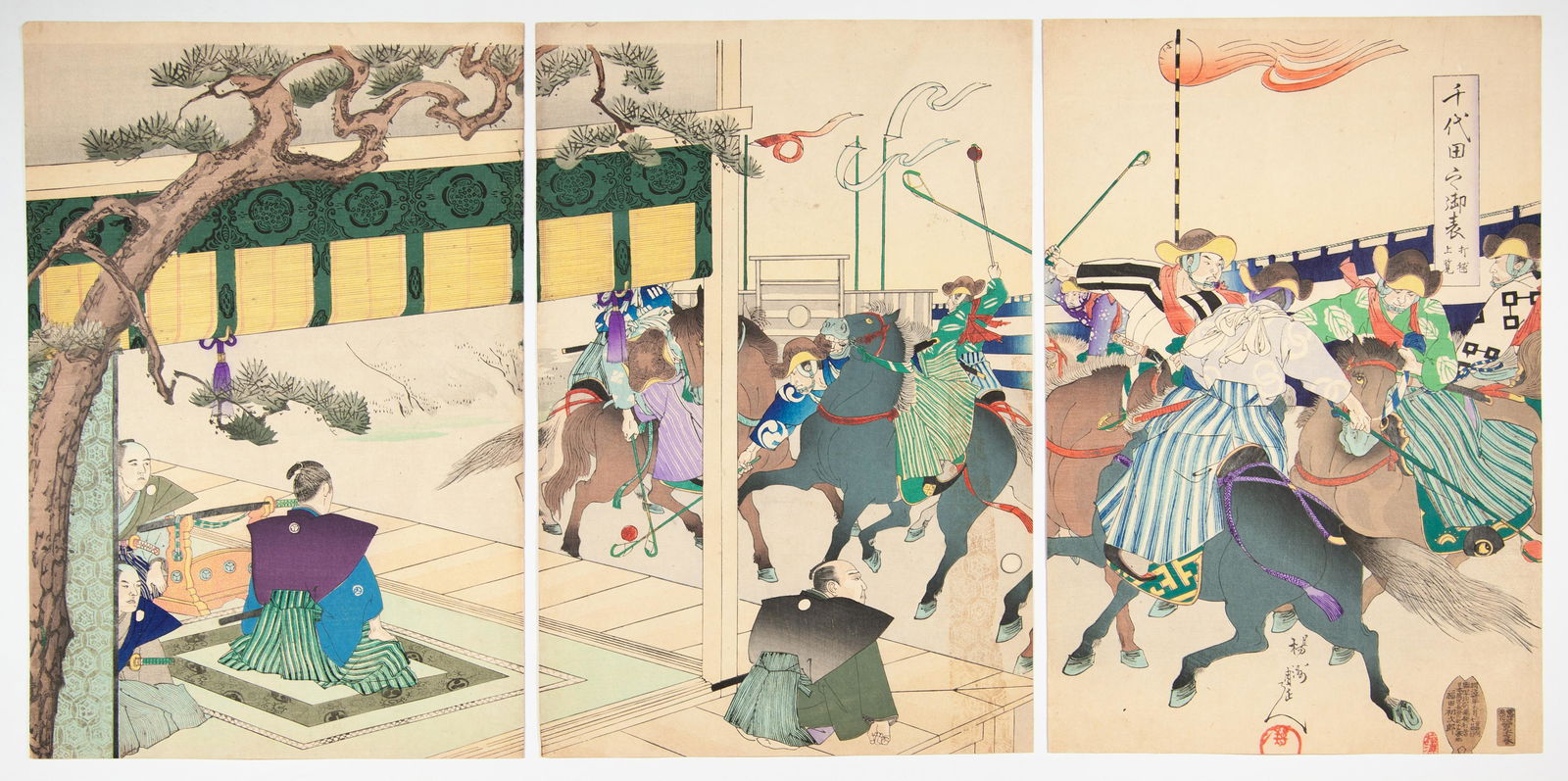 Chikanobu, Playing Polo, Original Japanese Antique Woodblock Print (1 of 2)