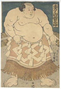 Toyokuni III, Sumo Wrestler, Original Japanese Woodblock Print: Artist: Toyokuni III Utagawa (1786-1865) Title: Sumo Wrestler Hidenoyama Raigoro Publisher: Daikokuya Heikichi Date: 1844 Size: 37.6 x 25.7 cm Ref: CMJN01