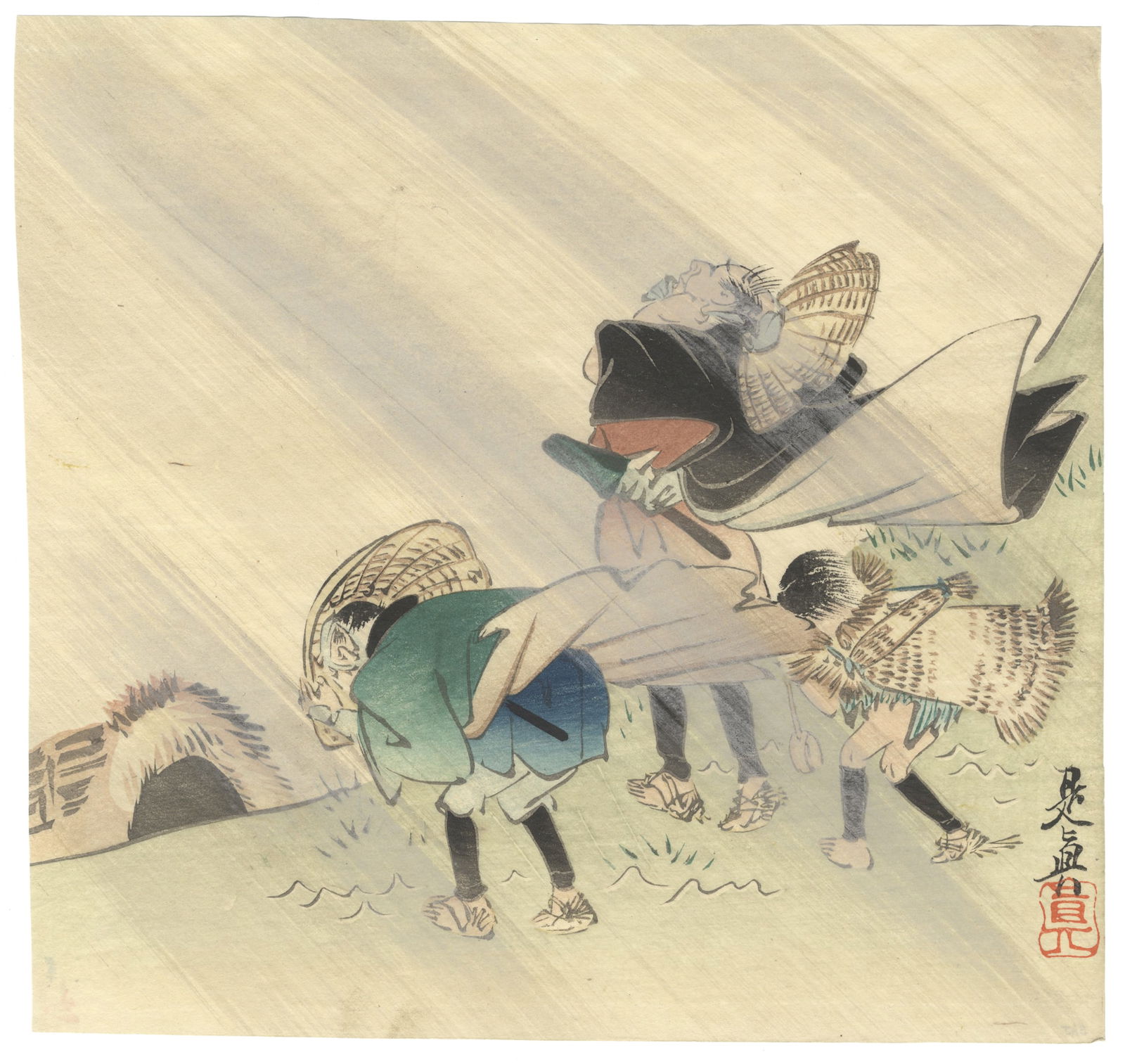 Zeshin Shibata, Travellers, Original Japanese Woodblock Print: Artist: Zeshin Shibata (1807-1891) Title: Travellers in a Storm Date: Late 19th century Dimensions: 24.2 x 22.8 cm Ref: zeshin_arashi_tabibito