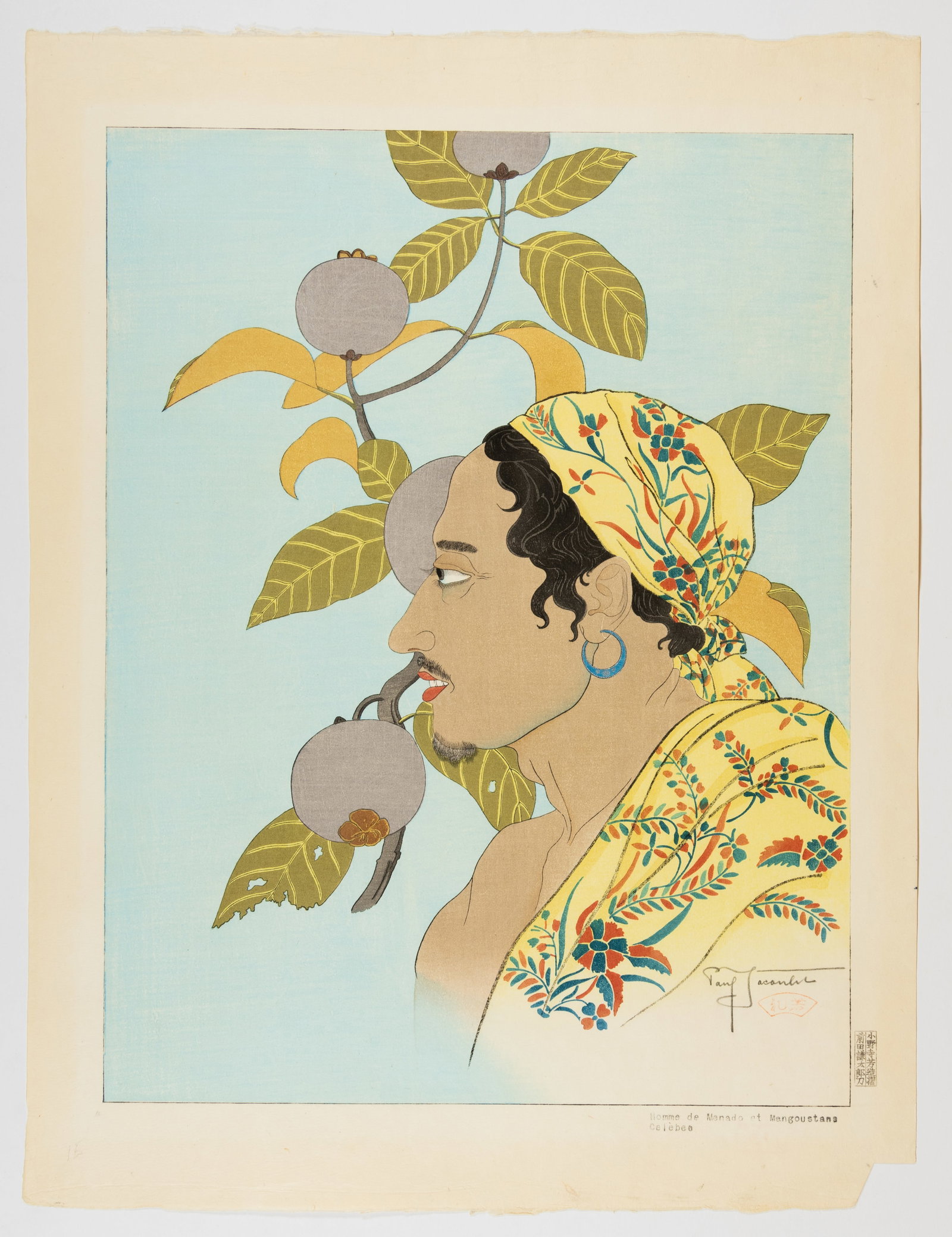 Paul Jacoulet, Celebes, Original Woodblock Print: Artist: Paul Jacoulet (1902-1960) Title: Homme de Manado et Mangoustas, Celebes Edition: 88/350 Date: 1935 Size: 47.2 x 35.9 cm Ref: TB17