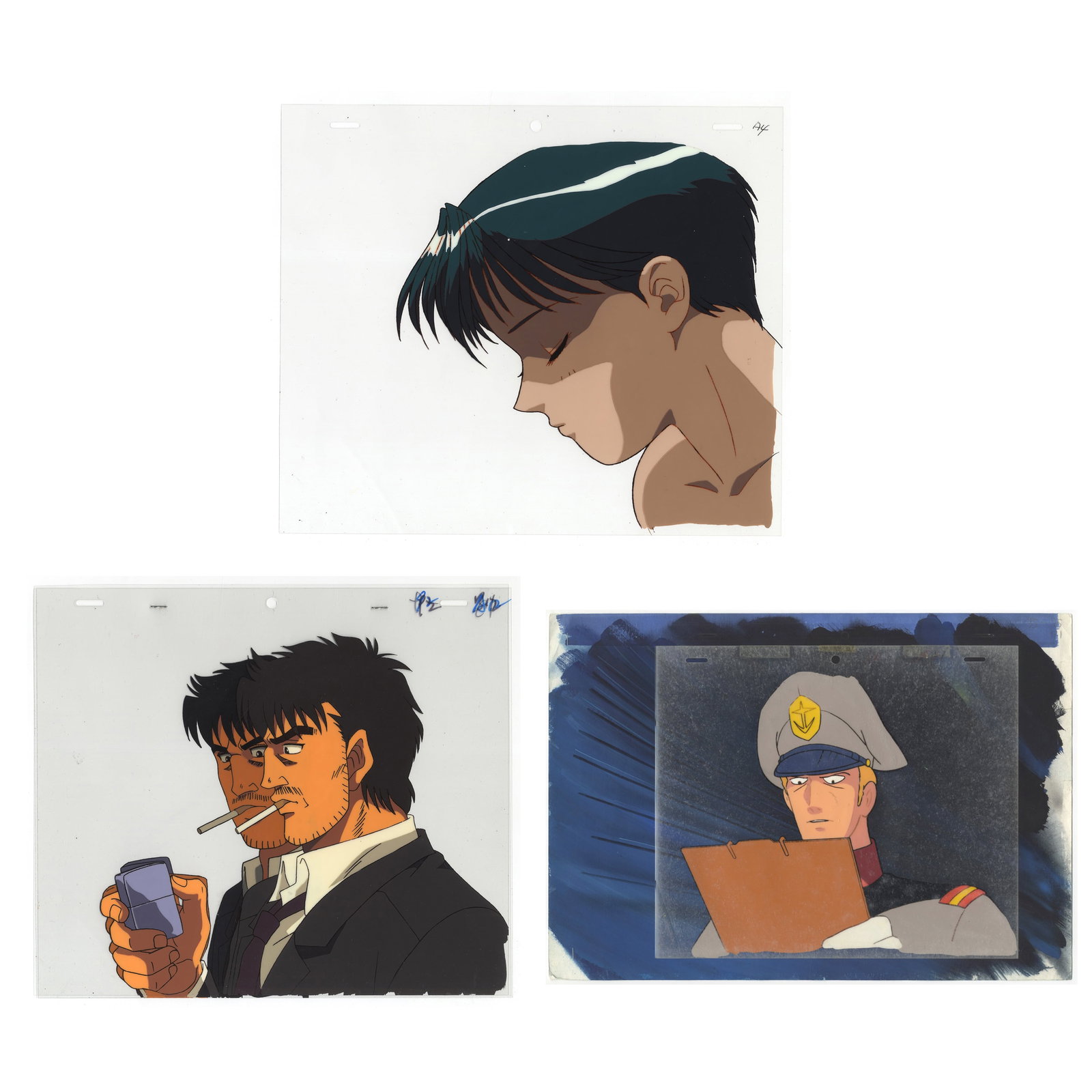 Set of 3 Anime Production Cels: Set of 3 production cels: Various titles Condition: Good for age. / Good for age. / Watercolour background, light vinegar. Ref: DGM354-10 / DGM354-8 / DGMA040