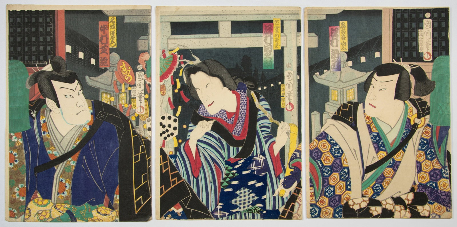 Kunichika, Kabuki Play, Actors, Meiji Period Print: Artist: Kunichika Toyohara (1835-1900) Title: Kabuki Play "Ataridoshi Fukutoku Soga" Publisher: Tsunokuniya Isaburo Date: 1869 Size: (L) 37.3 x 25, (C) 36.8 x 25.2, (R) 36.4 x 25 cm Conditio
