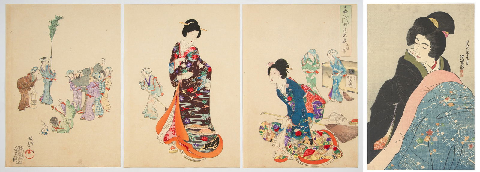 Set of 2 Beauty Prints, Shinsui Ito, Chikanobu Yoshu: Artist: Shinsui Ito (1898-1972) / Chikanobu Yoshu (1838-1912) Title: Under the Kotatsu / Cleaning Series: - / Court Ladies of the Chiyoda Palace Publisher: - / Fukuda Hatsujiro Date: 20th century (ori