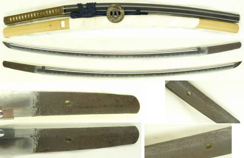 Katana, Muromachi Period, Japanese Metalwork: Katana signed Bizen Osafune-ju SukesadaEisho 15year 2month dateMuromachi period 16th CenturyNagasa 67.6cm Sori 2.7cm Hole 1Style: ShinogiZukuri Iori-muneJigane: Well dense Ko Itame hada with a faint i