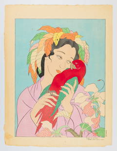 Paul Jacoulet, Parrot, Woodblock Print: Artist: Paul Jacoulet (1896-1960)Title: Chagrins d’Amor "Kusaie, Est Carolines", ed.155/350Publisher: SelfDate: 1940Size: 47.2 x 35.8 cmCondition: Margin wear, minor foxing on margin.Ref: JG072306-1