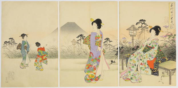 Chikanobu, Sunset at Mount Fuji, Kimono Pattern: Artist: Chikanobu Yoshu (1838-1912)Title: The Sunset at Mount FujiSeries: The Inner Palace of ChiyodaPublisher: Fukuda HatsujiroDate: 1895Size: (L) 35.5 x 23.5, (C) 35.5 x 24.4, (R) 35.5 x 23.8 cmCond