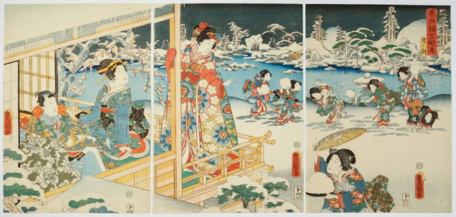 Toyokuni III, Hour of Snake, Genji-e, Snow Scene: Artist: Toyokuni III Utagawa (1786-1865)Title: Hour of SnakeSeries title: Twelve Hours with GenjiPublisher: Yamaguchiya TobeiDate: 1859Size: (R) 34.1 x 24cm, (C) 34.2 x 24.5cm, (L) 34 x 24 cmCondition