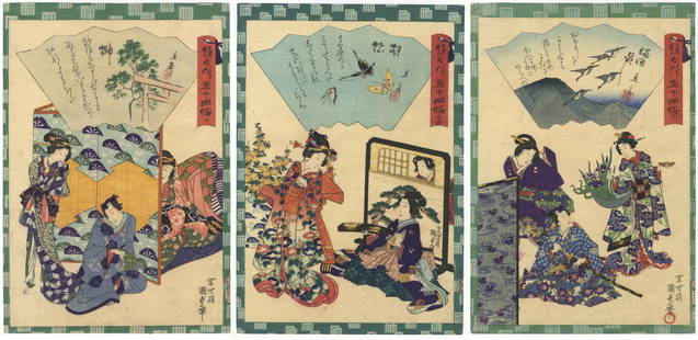 Kunisada II, Set of 3 Japanese Prints, Bijin-ga: Set of 3 Prints:Artist: Kunisada II Utagawa (1823-1880)Title: Chapter 10, Sakaki / Chapter 24, Kocho / Chapter 41, MaboroshiSeries: The Tale of Genji 54 ChaptersDate: 1864Publisher: Tsutaya KichizoSiz
