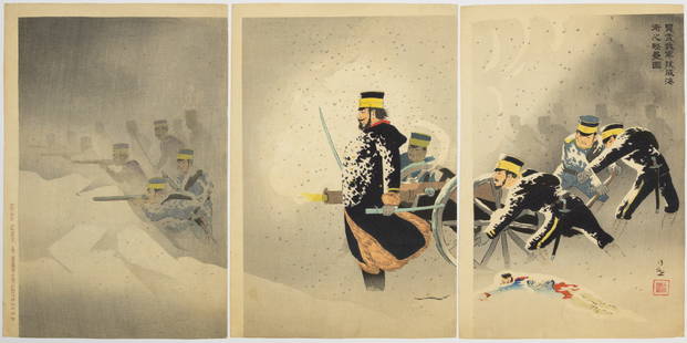 Kiyochika, Snow at Weihaiwei, Woodblock Print: Artist: Kiyochika Kobayashi (1847-1915)Title: In the Heavy Snow, Our Forces at the Weihaiwei FortressPublisher: Matsuki HeikichiDate: 1895Size: (L) 37.2 x 25.2, (C) 37 x 25.1, (R) 37 x 25.3 cmConditio