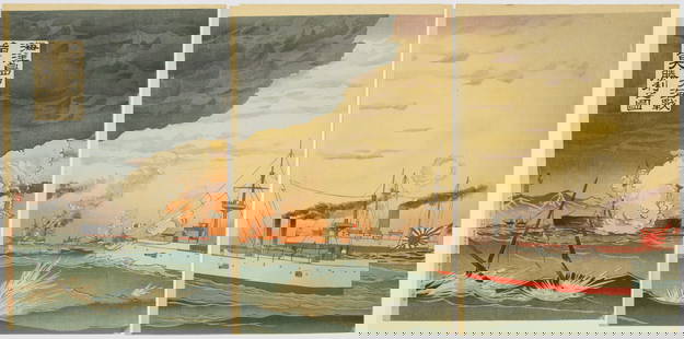 Kiyochika Kobayashi, Naval Battle, Haiyang Island: Artist: Kiyochika Kobayashi (1847-1915)Title: Great Naval Battle off Haiyang Island and Great Victory at SunsetPublisher: Yokoyama SonomatsuDate: 1894Size: (L) 36.5 x 24.9, (C) 37.0 x 25.0, (R) 37.0 x