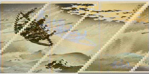 Kiyochika, Rongcheng Bay, Japanese War Print: Artist: Kiyochika Kobayashi (1847-1915)Title: Our Troops Take Rongcheng Bay and Make a LandingPublisher: Matsuki HeikichiDate: 1895Size: (L) 37.2 x 25.2, (C) 37.1 x 25.1, (R) 36.9 x 25.2 cmCondition: