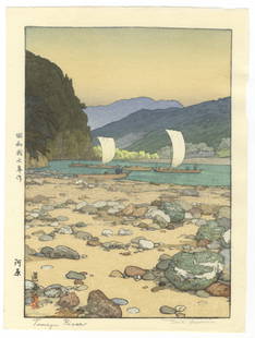 Toshi Yoshida, Kawara Tenryu River, Shin-hanga: Artist: Toshi Yoshida (1911-1995)Title: Kawara Tenryu RiverPublisher: SelfDate: 1942Size: 27.3 x 20.3 cmCondition: Good for age. Pencil signature.Ref: JG012510