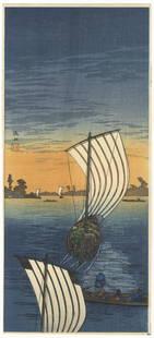 Shotei Takahashi, Boats, Japanese Tanzaku Print: Artist: Shotei Takahashi (1871-1945)Title: NagareyamaPublisher: Watanabe ShozaburoDate: c.1920sSize: 38.3 x 17.2 cmCondition: Small sticker on the back.Ref: JG052515