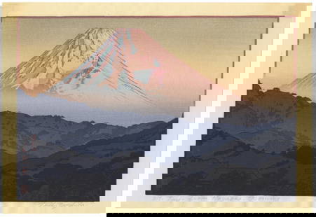 Toshi Yoshida, Mt Fuji in the Morning, Nagaoka: Artist: Toshi Yoshida (1911-1995)Title: Mt. Fuji from Nagaoka, MorningPublisher: Yoshida StudioDate: 1962Size: 23.8 x 34.8 cmCondition: Light glue stains on back. Pencil signature.Ref: JG052529