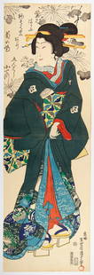 Kuniysada, Kekemono-e, Courtesan, Edo Print: Artist: Kunisada II Utagawa (1823-1880)Title: Kakemono-e, Courtesan Kotetsu from ShinbashiPublisher: Daikokuya KinzaburoDate: 1867Size: 70.3 x 22.9cmCondition: Backed, trimmed, panels joined together,
