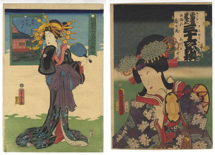 Set of 2 Prints, Yoshitora, Toyokuni III, Beauty Print: Set of 2 Prints:Artist: Yoshitora Utagawa (act. 1830-1880s) / Toyokuni III Utagawa (1786-1865)Title: The Festival of Forty-six Thousand Days at Senso-ji Temple in Asakusa / Dandelion, Shizuka GozenSer
