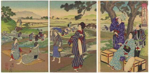 Chikanobu, Rice Planting, Japanese Customs: Artist: Chikanobu Yoshu (1838-1912)Title: Rice PlantingSeries title: Customs of Edo for the Twelve MonthsPublisher: Yokoyama RyohachiDate: 1889Size: (L) 35.1 x 23.2, (C) 35.1 x 23.1, (R) 35 x 24.7 cmC