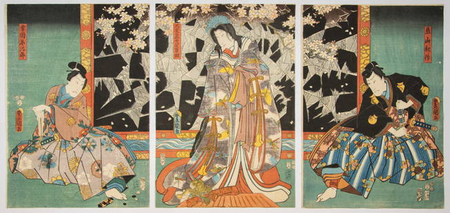 Toyokuni III, Kabuki Actors, Japanese Art: Artist: Toyokuni III Utagawa (1786-1865)Title: Kabuki Play "Shiranui Monogatari"Publisher: Fujiokaya KeijiroDate: 1853Size: (L) 36 x 25.4, (C) 36.2 x 24.8, (R) 36.1 x 25.2 cmCondition: Pinholes, light