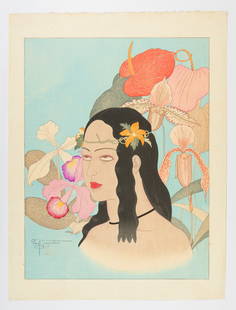 Paul Jacoulet, Une Belle De Palaos, Beauty Print: Artist: Paul Jacoulet (1896-1960)Title: Une Belle De PalaosPublisher: SelfDate: 1935Size: 46.7 x 35.5 cmCondition: Minor creases.Ref: JG072306-2